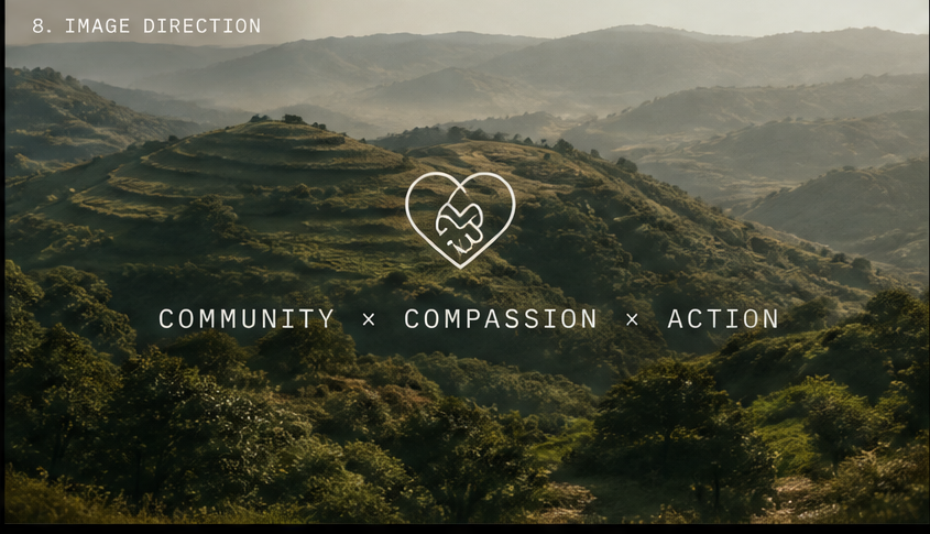 The Plate Initiative brand image depicting a landscape and the words community, compassion, action